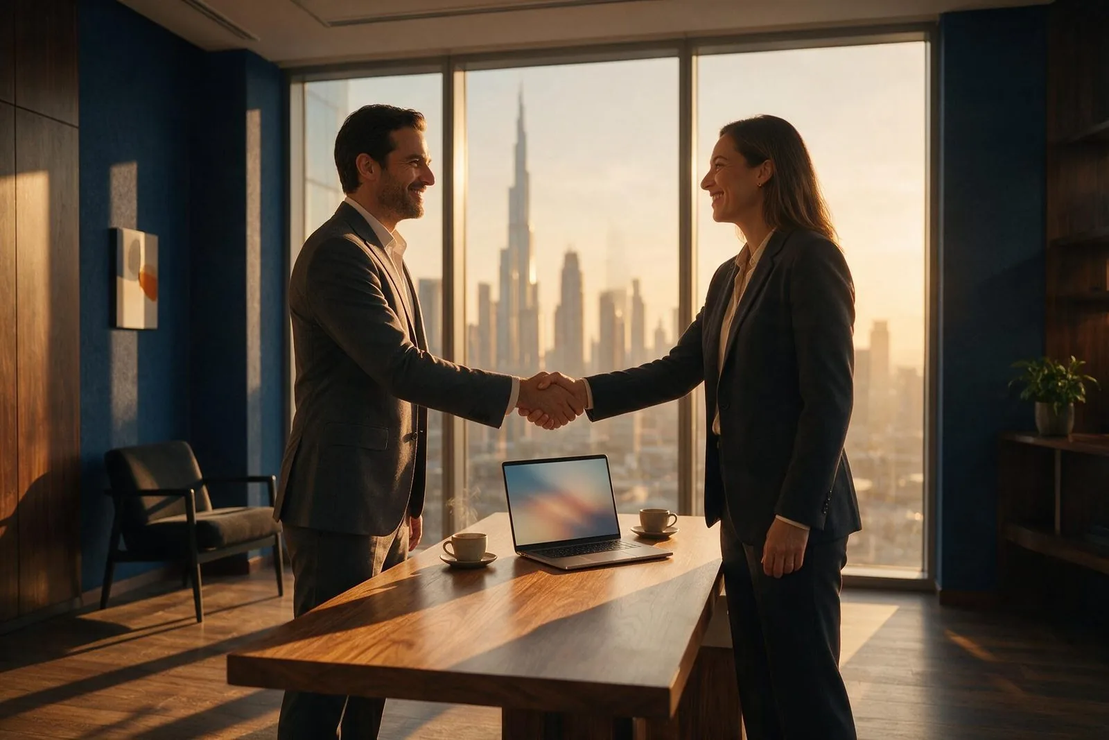 Two professionals shaking hands across a desk in a modern Dubai office