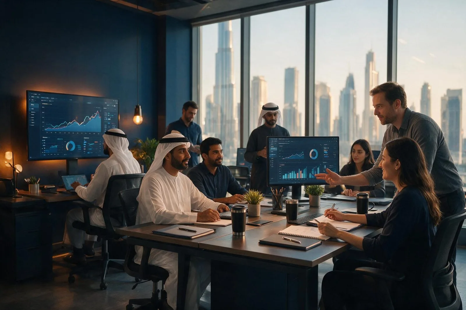 DigeeSell marketing team collaborating in a Dubai office overlooking Business Bay
