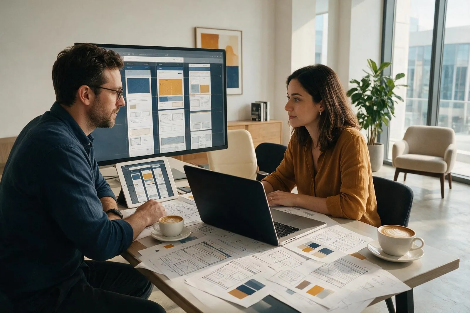 Designer and developer reviewing a responsive website layout together
